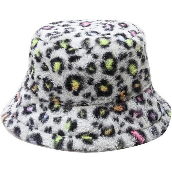 WOMEN'S Winter Faux Fur Fuzzy Warm Bucket Hat Colorful Leopard White